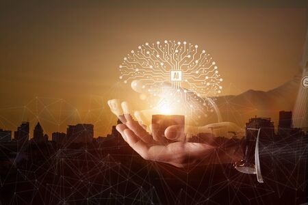 Businessman showing the brain artificial intelligence in the background of the city.