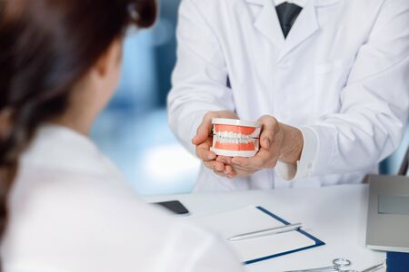 Doctor shows a model of the oral cavity to the patient on a blurred background.