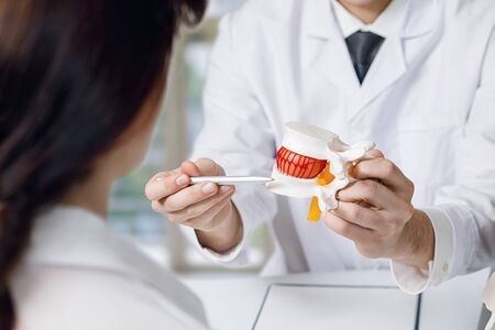 The doctor shows the patient a model of the intervertebral connection.