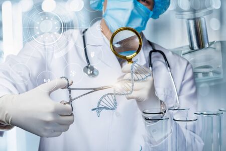 The concept of the study of DNA research. Lab technician studies a DNA molecule and looks through a magnifier.の写真素材