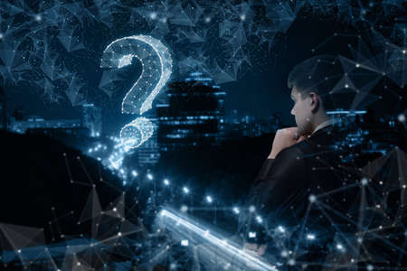 Young businessman thinks on the background of the city and the question mark.