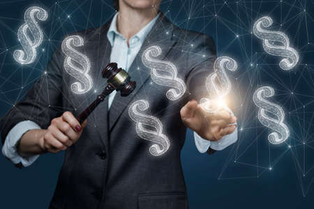A lawyer with a hammer in his hands clicks on a paragraph icon on a blue background.