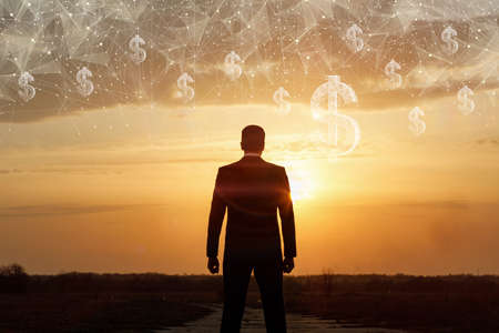 A business man stands against the background of the financial network and a sunny sunset.の写真素材
