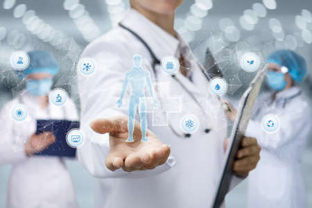 Patient testing diagnostics concept. The doctor shows a hologram to the patient on a blurred...