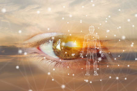 Patient observation concept. Looks at the patient hologram according to the sky background.