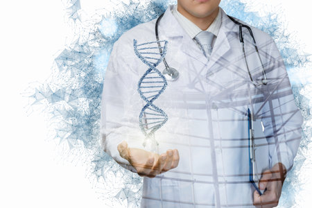DNA research concepts. Doctor shows DNA molecule on white background.の写真素材