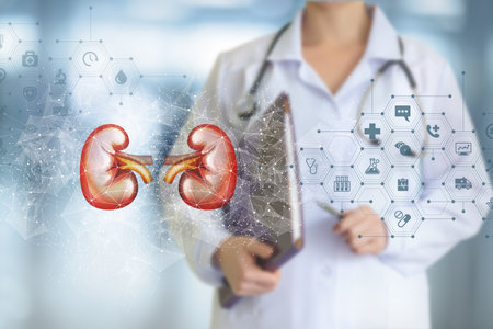 Kidney and medical icons and doctor stands on blurred background.