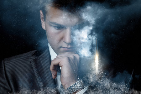 Young businessman is thinking about the emerging start-up from the network of connections on the...