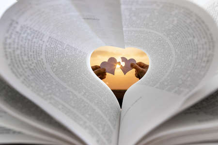 Love story concept. Two hearts on the background of a sunny sunset in front of a book.