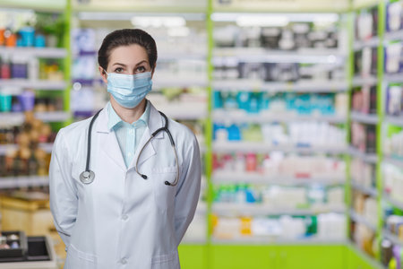 Medical worker protective mask on the background of the pharmacy.の写真素材