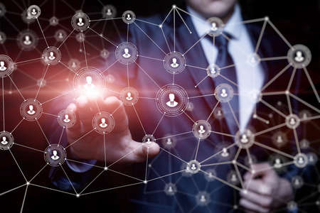 Business man working with network user connection on blurred backgroundの写真素材