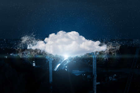 Data and computing cloud on network and city background.