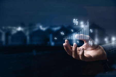 Concept of interest rates and dividends provision of financial services. Show growth graph and percentages.の写真素材