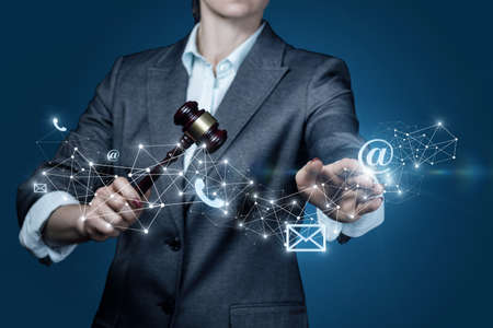 Lawyer shows network contacts icons on blue background.