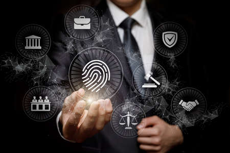 Lawyer shows fingerprint icon in legal icons background.
