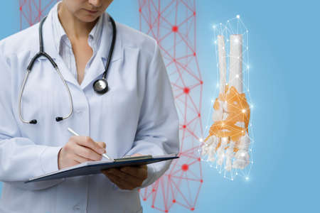 Doctor writing ankle disease history on blue background.