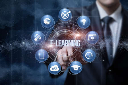E-learning concepts on the internet. A man in a suit rivets e-learning on a network background.