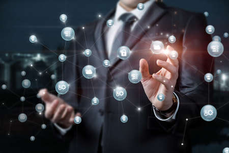 Networking concept connecting with users on virtual computer screen.の写真素材