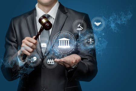 Lawyer shows the structure of justice on a blue background.