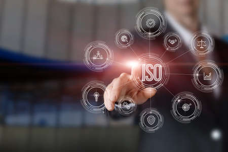 Businesswoman virtual computer screen research iso standardization system.の写真素材