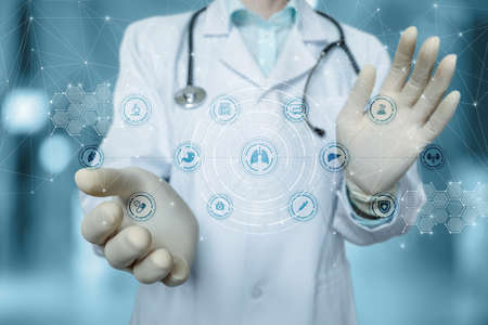 Doctor shows the structure of the testing of the internal organs of the patient on a blurred background.の写真素材