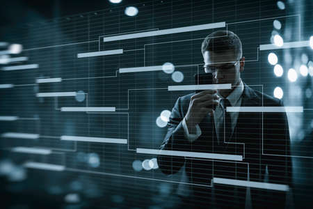 Business man working on a virtual screen using the phone on with a business project.