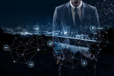 Concept of analytics in business and finance. Double exposure businessman against the backdrop of...