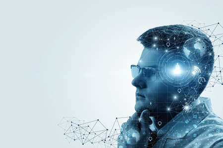 The concept of the work of a scientist with modern technology and artificial intelligence.