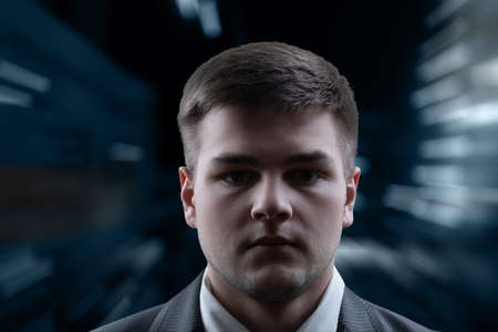 Face of a young businessman close-up on a blurred background.の写真素材