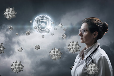 The doctor is watching the world's virus protection system on a virtual screen.