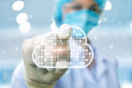Doctor sets protection in data cloud on blurred background.