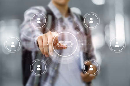 Student clicks on Link icon on virtual computer screen.の写真素材