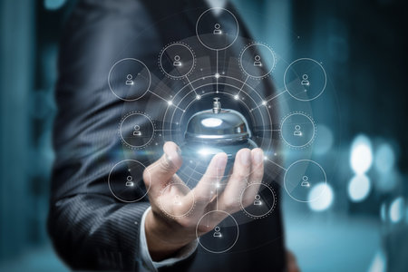 The concept of hotel service network internet. Show bell on blurred background.の写真素材