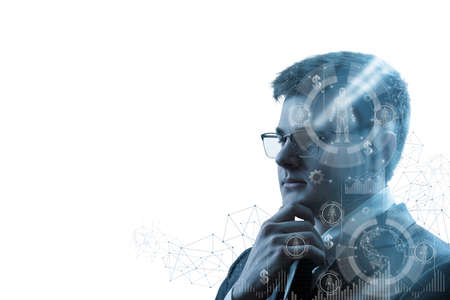 Businessman in glasses reflects on human resources in a team on an isolated white background.の写真素材