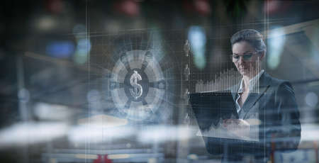 Concept of modern business analytics and innovative technologies.Businesswoman working on virtual...