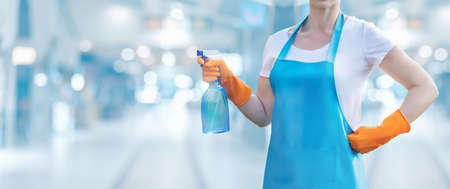 Cleaning service concept. Cleaning lady with a spray in her hands on a blurred background.