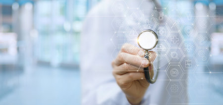 medical care concept. Doctor listens to virtual screen with icons.