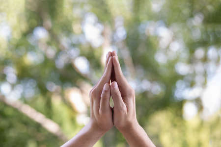 Hands folded for prayer on a blurred background.