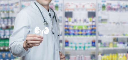 Doctor showing kidneys on blurred pharmacy background.の写真素材