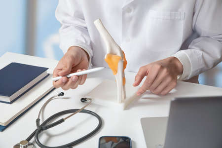 Doctor showing a ligament on a joint in the office.