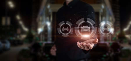 Shows the selected car on a blurred background on a virtual interface screen.