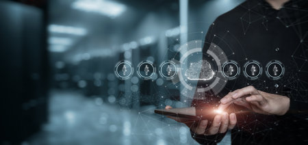 Man working on tablet with data computing cloud on blurred background.