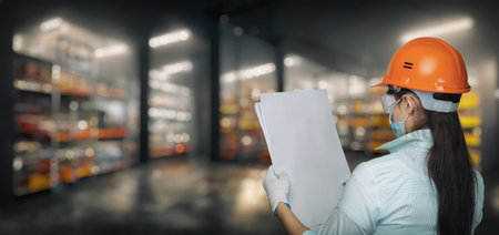 Architect examines the amount of remaining materials for construction in the warehouse.の写真素材