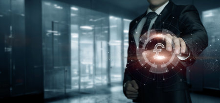 Business man clicks on the pound on the computer screen.の写真素材