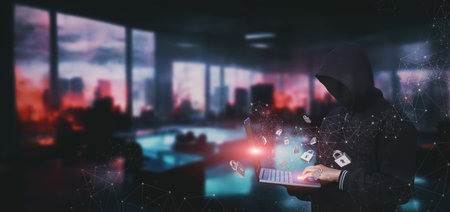 Hackers hack programs on laptop computer in cyberspace.の写真素材