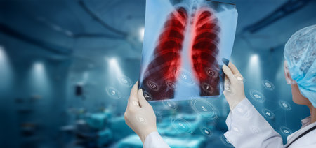 Doctor examining a snapshot of the lungs in the office on a blurred background.の写真素材