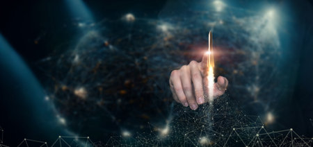 Hand clicks on a flying rocket from the network against the background of outer space.の写真素材