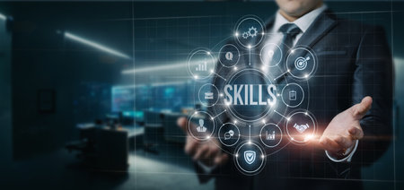 Businessman is working on a virtual screen with business skills.の写真素材