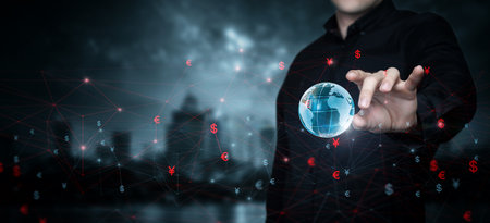 Businessman works on international currency exchanges network internet.