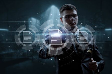 Concept Modern technologies in legal practice. Lawyer works with electronic documents on a virtual computer screen.の写真素材